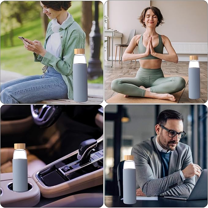 Laster Glass Water Bottle 20 Oz, 600 ml, made of Borosilicate Glass, 1 Bamboo & 1 Stainless Steel Lid, BPA Free, Non-Slip Silicone Sleeve (Grey)