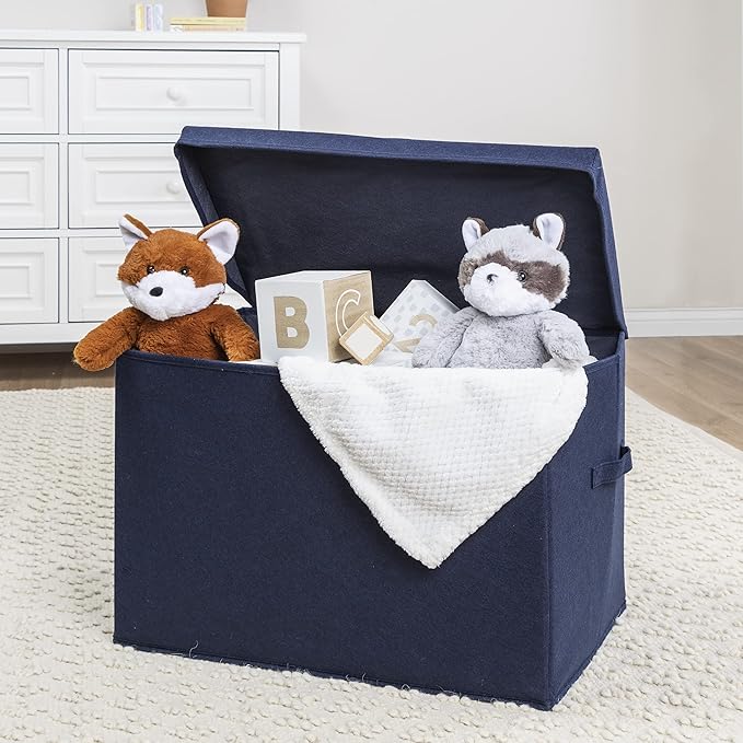 Sammy & Lou Collapsible Felt Soft Toy Box Toy Chest for Toddlers Toy Storage Organizer with Handles and Hinged Lid, 22 x 14.5 x 15 inches, Navy