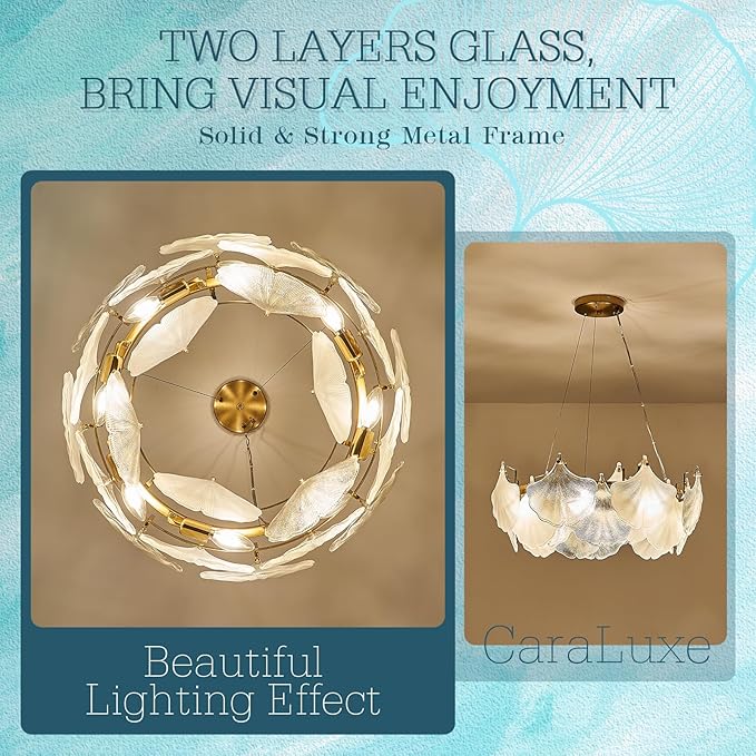 Gold Round Chandelier 8 Light Ginkgo Crystal Chandelier Light Fixture Hammered Glass Vintage Chandelier for Living Room Dining Room Bedroom High Ceiling Foyer,24in