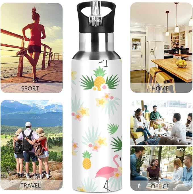 Qilmy Black and White Leopard Water Bottle Vacuum Insulated Stainless Steel Water Bottles with Straw Lid Leakproof Wide Mouth Water Flask for Fitness Outdoor Sports, 20 oz