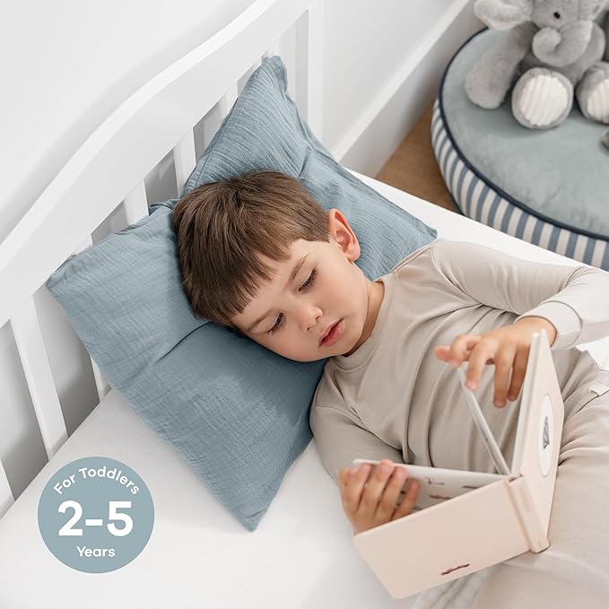 Comfy Cubs Toddler Pillow with Soft Muslin Pillowcase, 13"x18", Pacific Blue - Kids Pillow for Sleeping & Travel - Comfortable Small Pillow - Kids Travel Pillow with Breathable Microfiber Fill