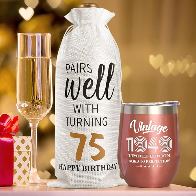 Lifecapido 75th Birthday Gifts for Women, Vintage 1949 Limited Edition Insulated Wine Tumbler with Wine Bag, 75th Birthday Gift Ideas, 75 Year Old Birthday Gifts for Friends Mom Grandma, 12 oz
