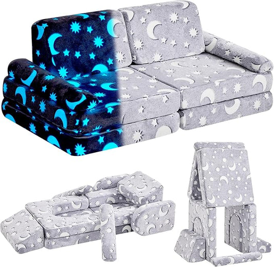 Toddler Couch, Modular Kids Play Couch Set, Kids Sofa, Baby Couch, Fortplay Bedroom and Playroom Furniture for Toddlers Kids Boys and Girls, Glow in The Dark, Light Grey