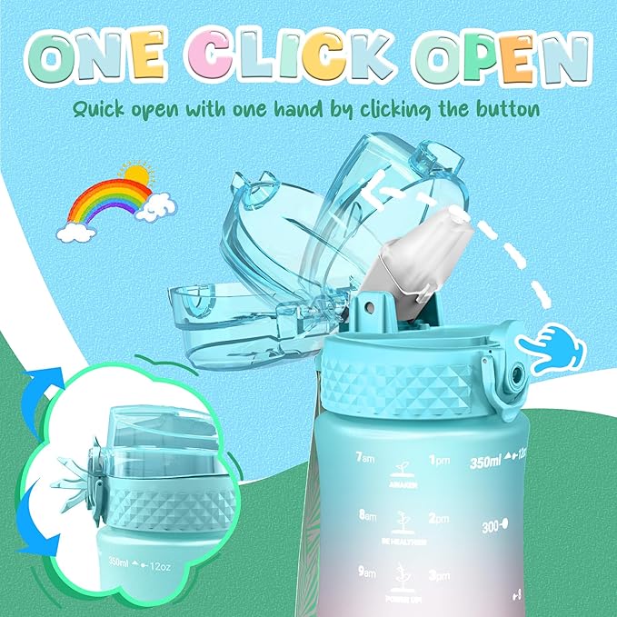 OLDLEY Kids Water Bottle for School, 12 oz (2 lids) BPA-Free Reusable Leak-proof Durable Tritan Plastic Water Bottles with Straw & Chug Lids, Anti-dust Spout Cover (Tulips)