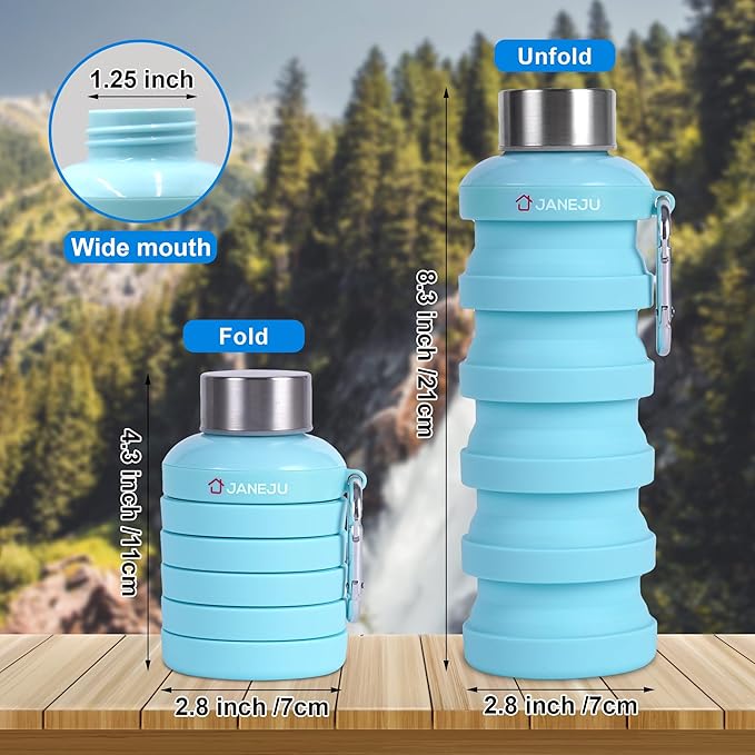 JaneJu Collapsible Water Bottle, 17oz BPA Free Silicone Reusable Portable Lightweight Foldable Water Bottles with Carabiner, Portable Leak Proof Sports Water Bottle (Blue)