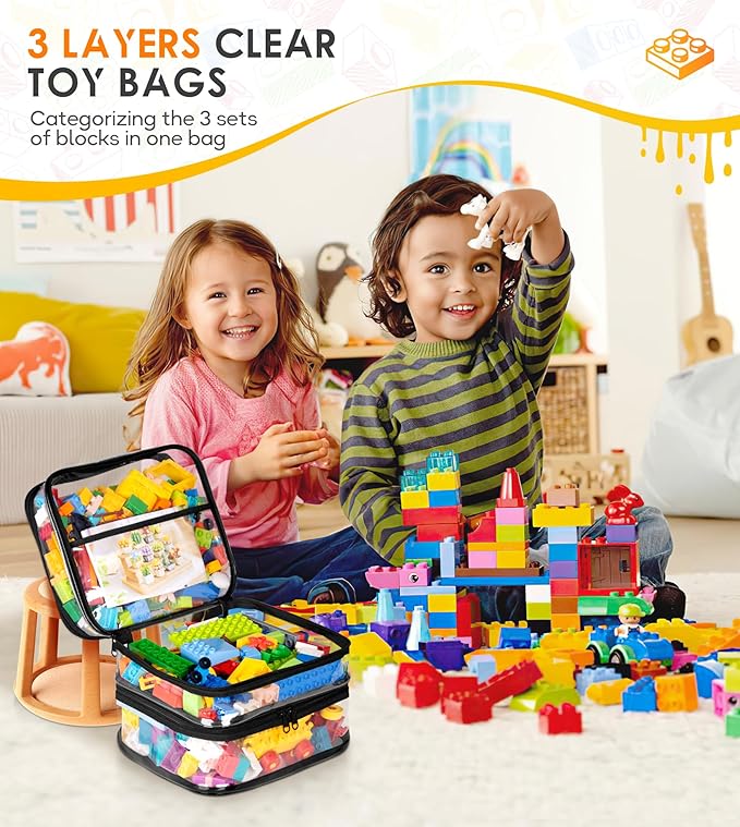 MISSLO 3-Layer Lego Storage Organizer with 3 Manual Pockets Clear Lego Storage Bag for Toys, Puzzles, Bricks, Building Blocks, Crafts (Black)