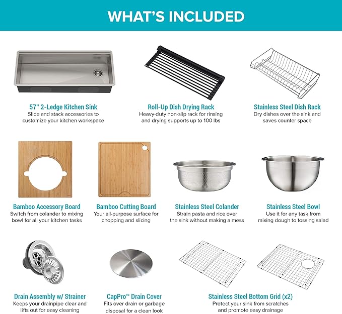 Kraus KWU210-57 Kore 2-Tier Workstation Undermount 16 Gauge Stainless Steel Single Bowl Kitchen Sink with 10 Piece Chef’s Kit of Accessories, 57 inch