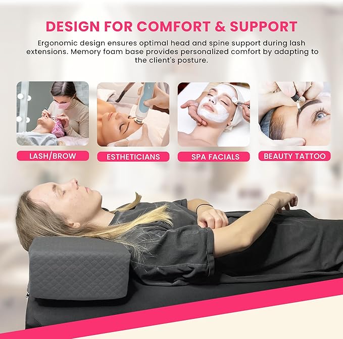 Pillow for Eyelash Extensions - Curved Memory Foam Lash Bed Pillow with Neck and Back Support, Perfect Pillow for Eyelash Extensions, Two Pockets for Tools On The Sides of Pillow (Gray)