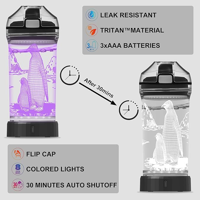 Ammonite Kids Penguin Water Bottle with 3D Glowing LED Light - 14 OZ Tritan BPA Free - Creative Ideal Travel Cup Gift for School Kid Boy Child Holiday Camping Picnic