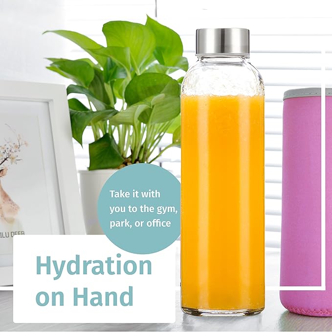 Glass Water Bottles 6 Pack With Sleeves and Stainless Steel Lids - 18oz Size - Leak Proof Caps, Reusable and Perfect For Travel and Storing Beverages Juice, Smoothies, Kombucha, Kefir, Tea