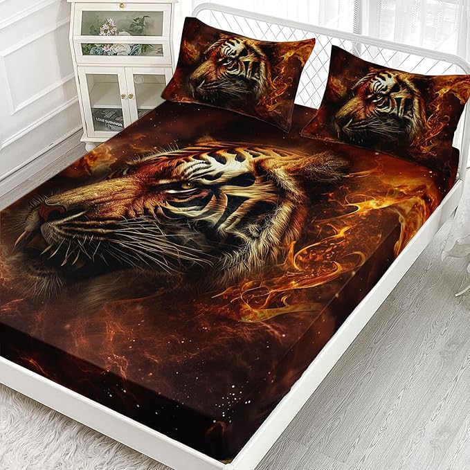 AILONEN Tiger Fitted Sheet Set Twin XL Size, 3D Fire Animal Tiger Bed Sheet Wildlife Sheet Set,Teen Boys 3 Pieces Printed Safari Tiger Fitted Sheet with 2 Pillowcases