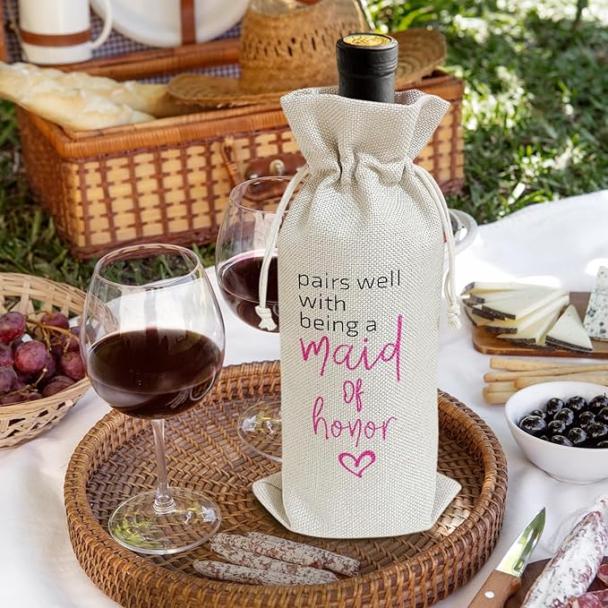 Pairs Well with Being A Maid of Honor - Gifts for Bridesmaid Wine Bags, 1 PC Reusable Drawstring Burlap Wine Bottle Bags, Wedding Gifts for Ladies Women, Bridal Shower Party Decorations -33