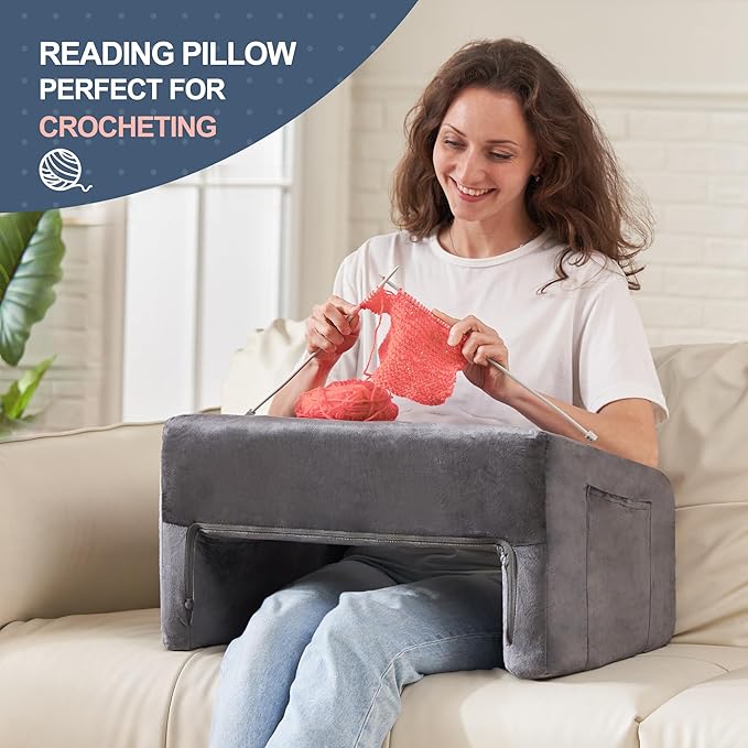 Homguava Reading Pillow Memory Lap Desk Foam Pillow for Adults Gaming Pillow Arm Rest Pillow for Reading, Crocheting, Gaming or Sitting in Bed (Grey, Medium)