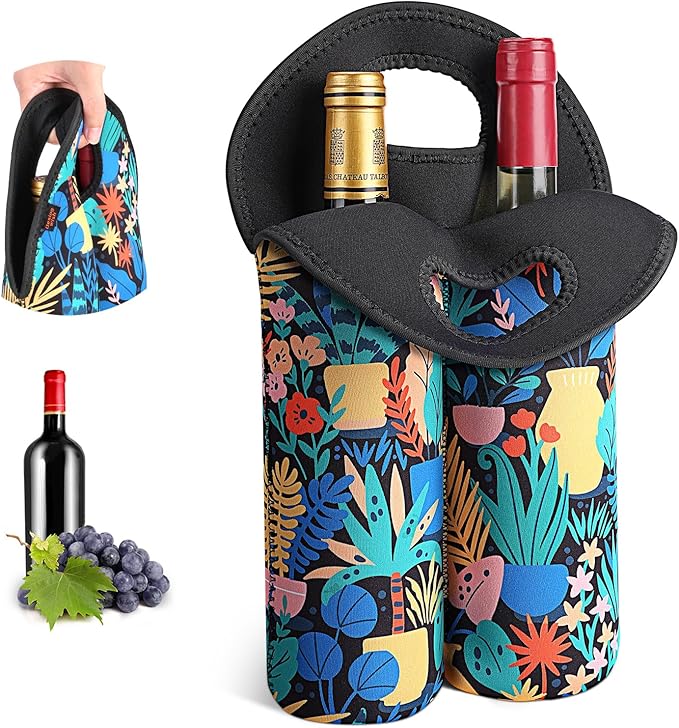 Desing Wish 2-Bottle Set Wine Carrier Tote Bag for 750ml Red/White Wine Bottles, Insulated Neoprene Wine Cooler Bag Wine Gift Bags for Gift/Picnic/Party/Beach/Christmas - Rainforest