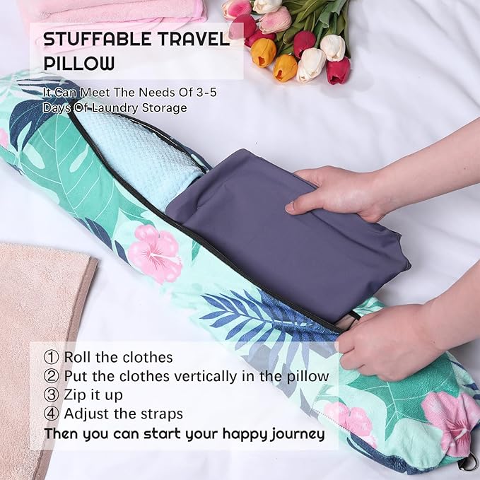 2 PCS Stuffable Travel Pillow, Stuffable Neck Pillow for Travel, Portable Self-Fillable Design Travel Pillow U-Shaped with Snap Strap Storage Bag, Monstera Leaf(Pillow Cover Only, No Filler)