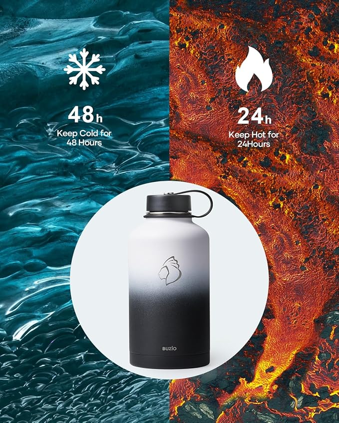 BUZIO 64oz Insulated Water Bottle with Straw Lid and Flex Cap, Stainless Steel Powder-Coat Water Flask, Keep Beverage Cold for 48 Hrs Hot for 24 Hrs Simple Thermo Canteen Mug, White and Black