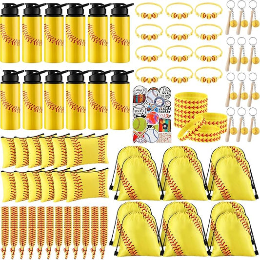 Layhit 134 Pcs Party Favors Set Include Cosmetic Bag Drawstring Backpack Hair Ties Charm Bracelets Silicon Bracelets Water Bottles Keychains Stickers for Sport Team Gifts (Yellow,Baseball)