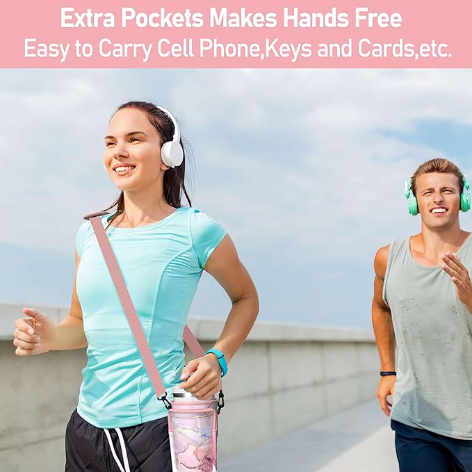 Water Bottle Carrier Bag with Phone Pocket for 40oz Tumbler with Handle, Adjustable Strap Neoprene Water Bottle Sleeve Pouch for Hiking Camping Travelling. (Pink Marble)