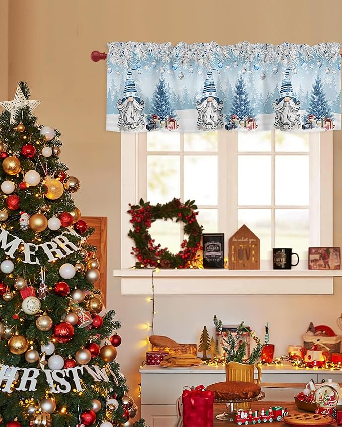 Christmas Gnome Valance Curtains for Kitchen Windows Winter Merry Christmas Tree Balls Rod Pocket Window Treatment Toppers for Kitchen/Living Room/Bedroom/Bathroom, 60" X 18", Blue