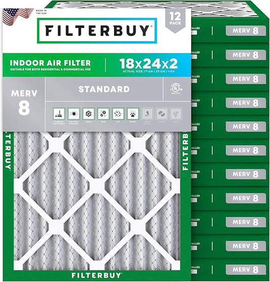 Filterbuy 18x24x2 Air Filter MERV 8 Dust Defense (12-Pack), Pleated HVAC AC Furnace Air Filters Replacement (Actual Size: 17.38 x 23.38 x 1.75 Inches)