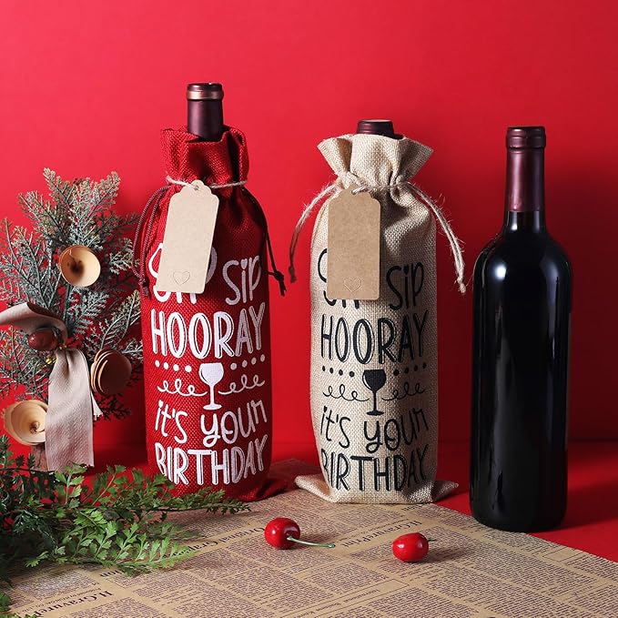 SIRIPHUM Burlap Wine Bags,2PCS Birthday Wine Bottle Gift Bags,Drawstring,Gift Tags,Bottle Cover Tabletop Birthday Party Decor (“Sip Sip Hooray”-Natural)