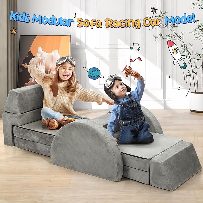 MMBABY 10 pcs Modular Kids Play Couch, Child Sectional Sofa, Fortplay Bedroom and Playroom Furniture for Toddlers, Convertible Foam and Floor Cushion for Boys and Girls