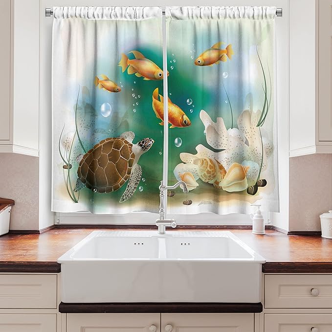 Ambesonne Turtle Kitchen Curtains, Ocean Life Illustration Aquarium Tropical Animals Goldfishes and Seashells, Window Drapes 2 Panel Set for Kitchen Cafe Decor, 55" x 39", Teal Orange