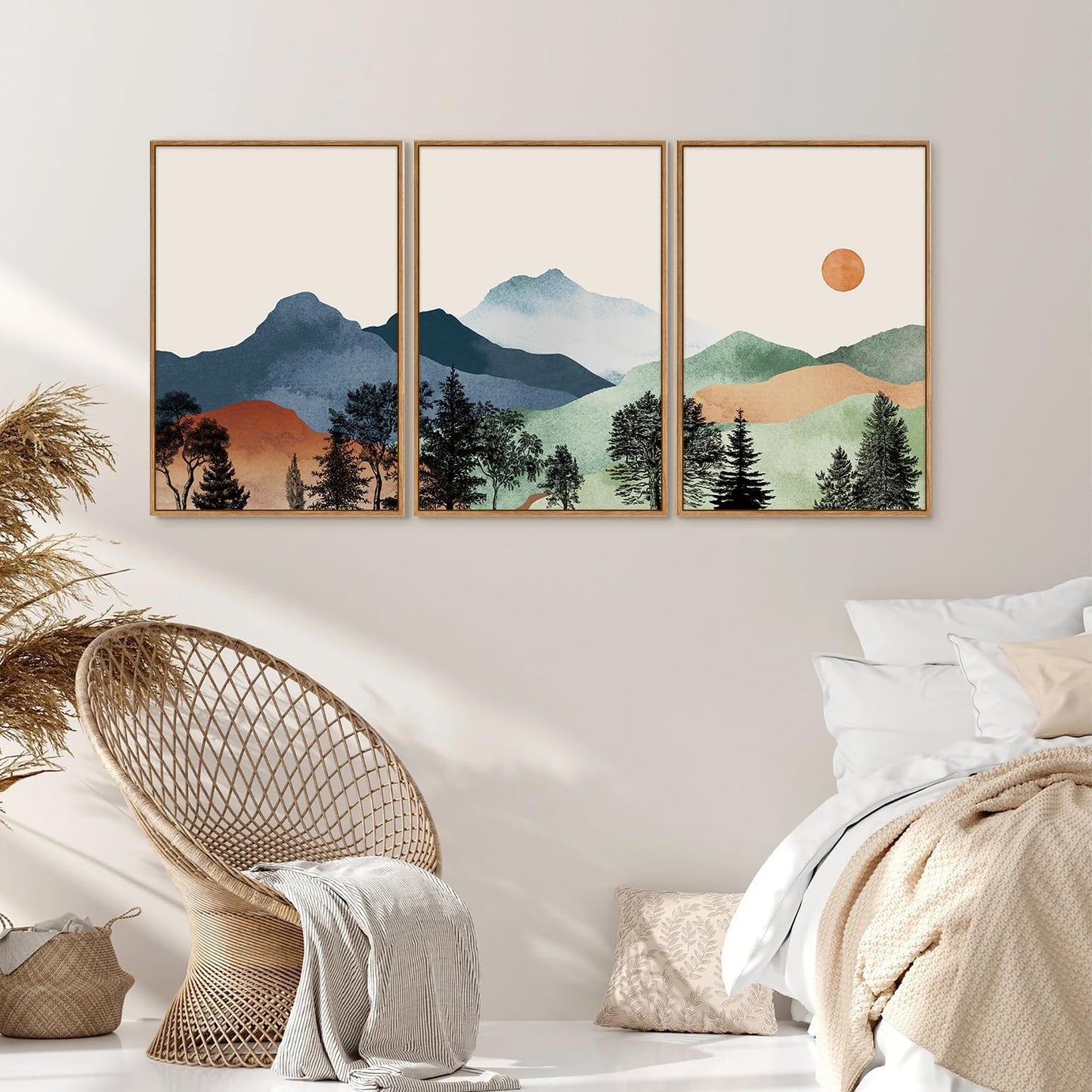 SIGNINART Boho Mountains Framed Canvas Wall Art Set of 3, Watercolor Nature Landscape Art Prints, Neutral Modern Sunrise Art Paintings, Green Forest Wall Decor for Living Room Bedroom Office 24"x36"x3