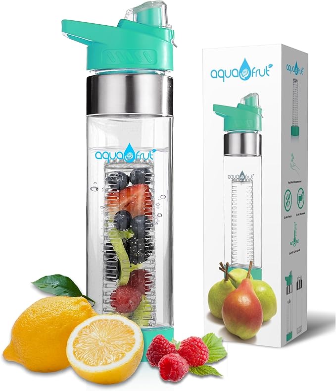 NEW AquaFrut Bottom Loading Fruit Infuser Water Bottle - BPA Free Tritan Plastic - Leak Proof - 24 OZ - Infusion Recipe eBook (Teal)