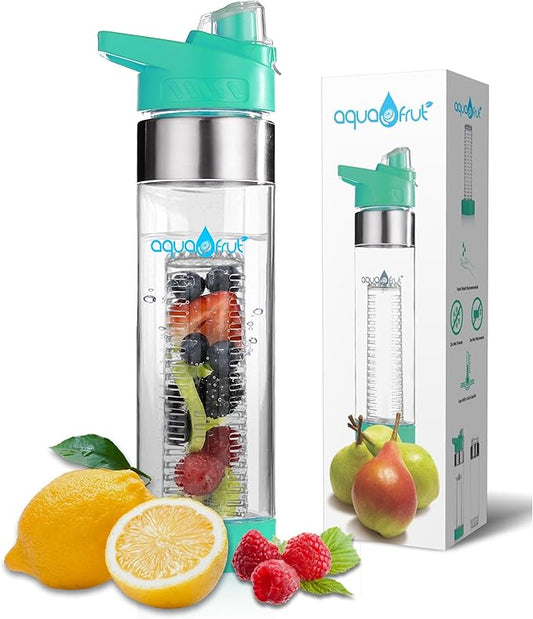 NEW AquaFrut Bottom Loading Fruit Infuser Water Bottle - BPA Free Tritan Plastic - Leak Proof - 24 OZ - Infusion Recipe eBook (Teal)