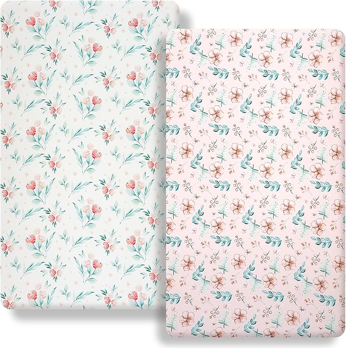 Pack n Play Fitted Sheet. 2 Piece Mini Crib Sheet. Elastic Playard Sheet. Portable Sheet Set. Elastic Convertible Playard Set. Compatible with Graco Pack n Play (Pink Flower)