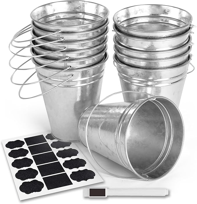 Galvanized Metal Bucket with Handle 12 Pcs- Metal Buckets for Party, Tin Buckets with erasable Stickers and Chalk Marker Silver Bucket 4.7" W x 5" H x 2.7" L