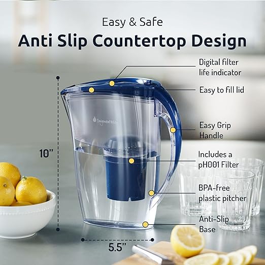 pH Refresh Alkaline Water Pitcher with Long-Life Filter – Alkaline Water Filter – Water Filtration System – High pH Alkaline Water Dispenser, 84oz, 2.5L (Navy)