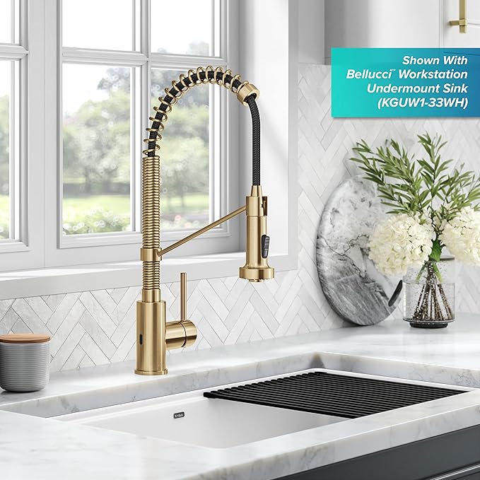 KRAUS Bolden Touchless Sensor Commercial Style Pull-Down Single Handle 18-Inch Kitchen Faucet in Brushed Brass, KSF-1610BB