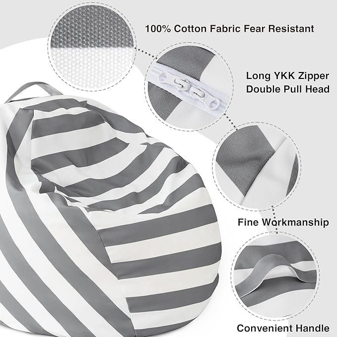EXQ Home Kids Bean Bag Chairs Cover (No Filler) -Stuffed Animal Bean Bag Storage Grey and White Stripes-Zipper Bean Bag for Organizing Children Plush Toys Holiday Gift for Girl,Boys