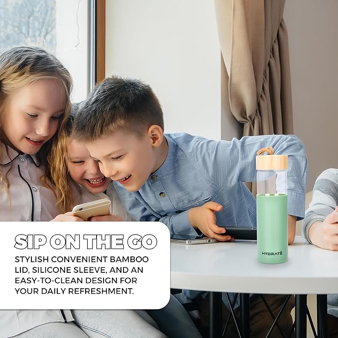 HYDRATE Glass Water Bottle, 25 oz - Gym Drinking Bottles with Slip Resistant Silicone Sleeve and Leak Proof Bamboo Lid - Clear Sports Bottle Made of Borosilicate Glass (10 x 3 inches, Olive Green)