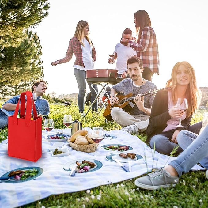 PATIKIL 2 Bottle Wine Carrier Tote Bag, Wine Bottle Carrying Bag with Divider Reusable Wine Storage Bag Felt Grocery Bags Portable Gift Bag, Red