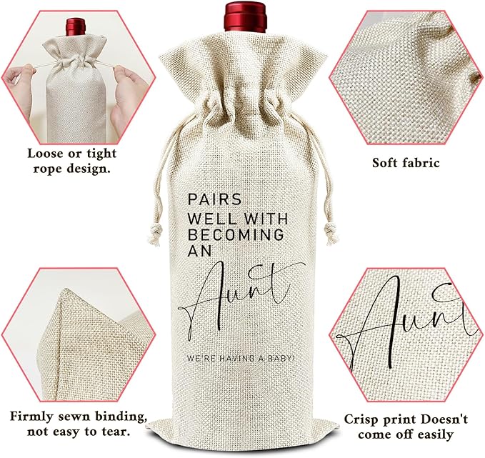 Pairs Well with Becoming An Aunt - Gifts for Sister Wine Bags, 1 PC Reusable Drawstring Burlap Wine Bottle Bags, Baby Announcement Gifts for Women Ladies, Wine Gift Bag Wine Accessories -39