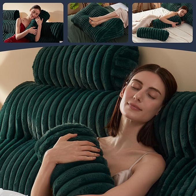 Faux Fur Headboard Pillow with 2 Pack Neck Roll Pillow Large Headboard Pillow Soft and Supportive with Removable Cover (Green, Queen)