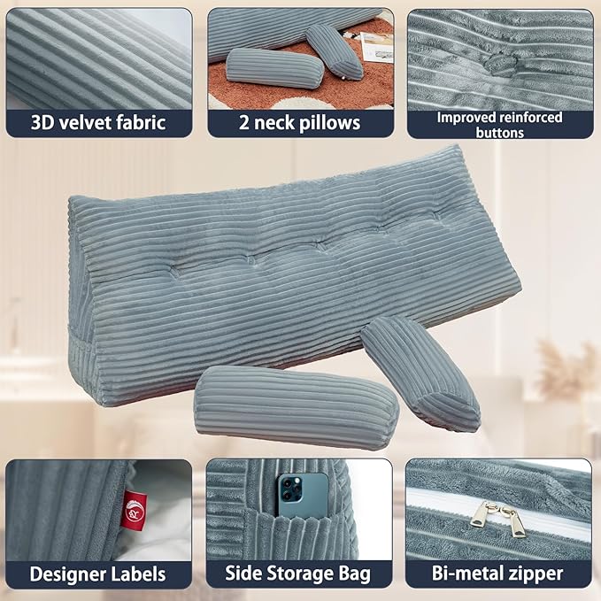 Headboard Wedge Pillow with 2 Pack Neck Roll Pillow Large Headboard Pillow Soft and Supportive with Removable Cover (Light Grey, Queen:59x8x20 Inches)