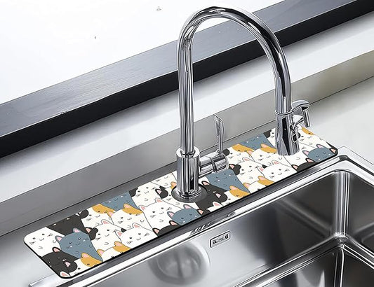 Kitchen Faucet Mat Cute Cartoon Kitten Family Kitchen Sink Splash Guard Faucet Mat,1 PC Splash Guard Behind Faucet Drip Catcher for Kitchen,Dish Drying Mat,Bathroom Faucet Mat 23.5""X5.5""