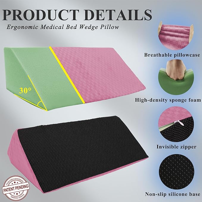 Bed Wedge Pillow for Side Sleepers, Body Position Wedges, Side Wedge Pillow for Sleeping Back Positioning Elevation Pillow for Bed Sores Elder and Pregnant Woman (Dark Pink)