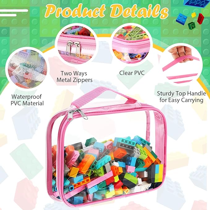 Sanwuta 3 Packs Toy Storage Bags with Zipper, Clear PVC Organizing Bags, Waterproof Toy Bags for Board Games, Building Blocks, Toys and Kids Books (Pink,12.6 x 9 x 2.36 Inch)