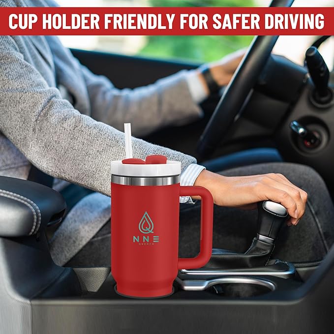 40oz stainless Steel Insulated Tumbler with Handle, lid and straw for cold water, Iced tea, or coffee - 100% Leak-Proof - Cupholder Friendly Travel Mug- Gifts for Women Men Him Her (Red)