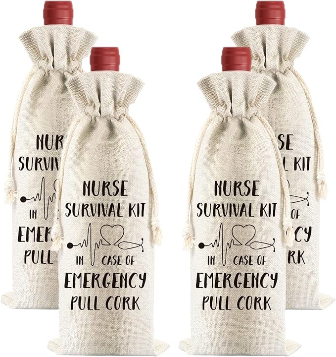 PLIGREAT 4 Pcs Cotton Linen Wine Bags, Reusable Wine Gift Bags with Drawstrings, Wine Bottle Bags Bulk Congrats Gifts Bags for Nurses Thanksgiving Christmas Gifts Bags, Fun Quotes Wine Bag