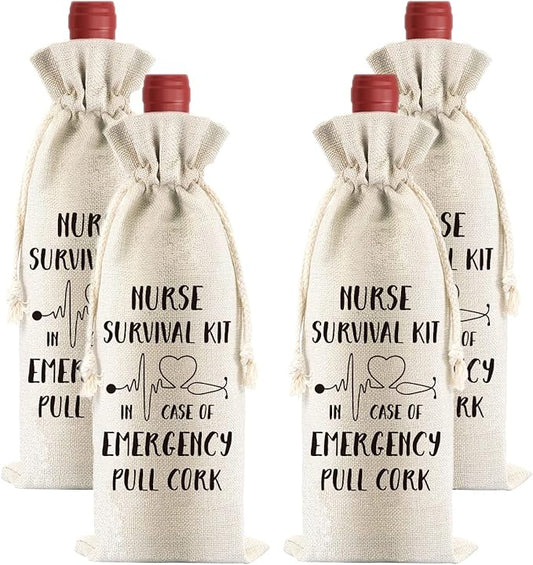PLIGREAT 4 Pcs Cotton Linen Wine Bags, Reusable Wine Gift Bags with Drawstrings, Wine Bottle Bags Bulk Congrats Gifts Bags for Nurses Thanksgiving Christmas Gifts Bags, Fun Quotes Wine Bag