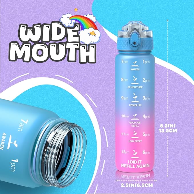 OLDLEY Kids Water Bottle for School, 17 oz (2 lids) BPA-Free Reusable Leak-proof Durable Tritan Plastic Water Bottles with Straw & Chug Lids, Anti-dust Spout Cover (Lake)