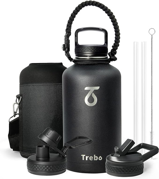 Trebo Half Gallon Water Bottle with Paracord Handle 64oz Wide Mouth Insulated Double Wall Stainless Steel Large Sports Flask Keep Hot 24 Hours & Cold 48 Hours Water Jug with 3 Lids, Black