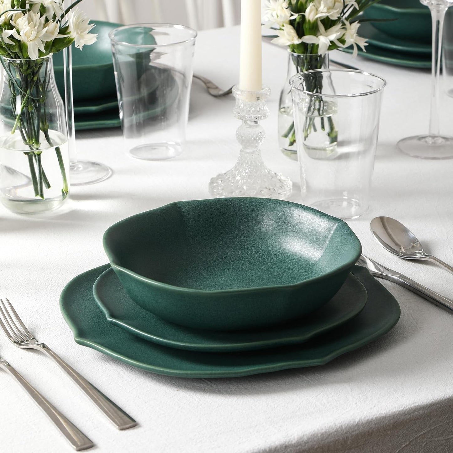 Stone Lain Baskerville 32-Piece Dinnerware Set Stoneware, Borosilicate Glass, Green