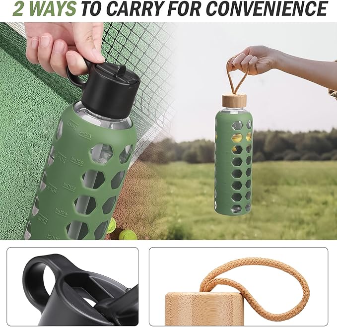 MUKOKO Glass Water Bottles, 32oz Glass Tumbler, Drinking Bottles with 2 Lids-Handle Flip Straw Lid&Bamboo Lid, Motivational Water Bottle with Time Marker and Silicone Sleeve, Leakproof-1 Pack-Olive